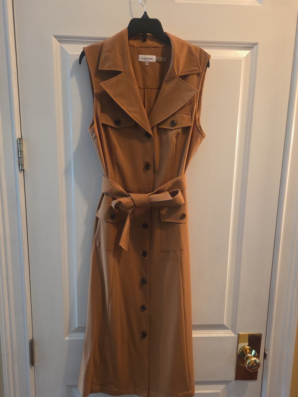 Calvin Klein Sleeveless Belted Midi Dress in Camel Brown